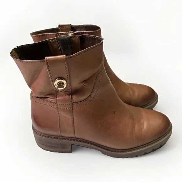 Coach Leather Ankle Boots Women’s Size 8 Brown Zip-Up Logo Turnlock Detail - Picture 2 of 11